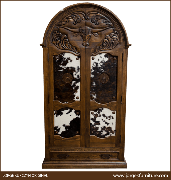 Front view of Lucero 2 Western armoire with cowhide panels and carved steer head