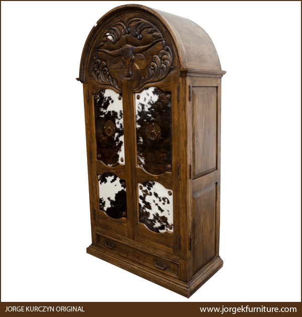 Three-quarter angle of Lucero 2 armoire showing antique finish and molding base