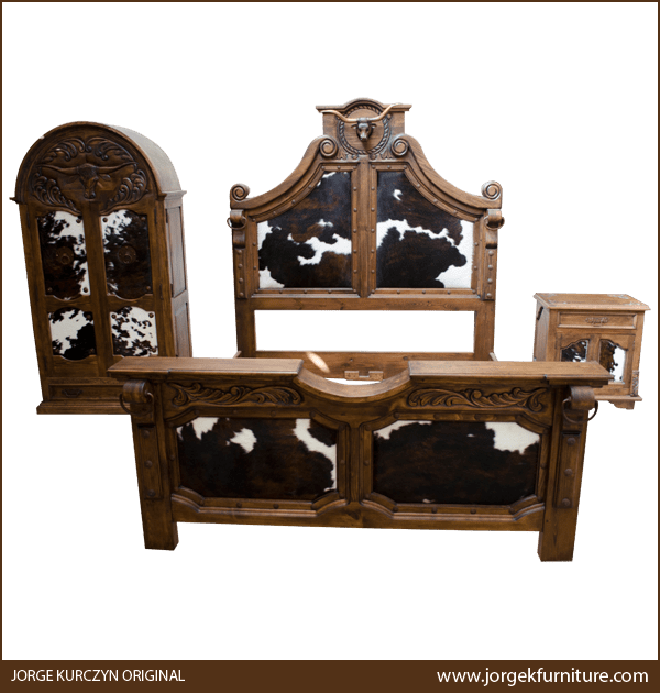 Western bedroom set featuring Lucero 2 armoire, Cowboy bed, and matching nightstand