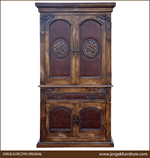 Front view of Rio Rojo 2 armoire with burgundy leather panels and carved ovals