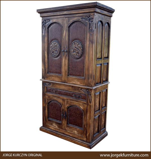 Three-quarter angle of Rio Rojo 2 armoire showing crown molding and twist rope carvings