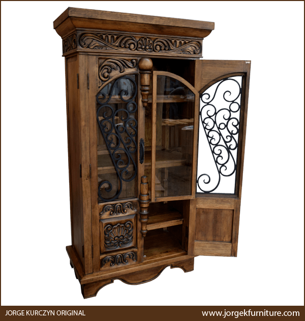 Martina 3 armoire with right door open showing ornamental ironwork and inset glass window
