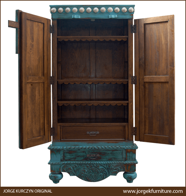 Las Cruces armoire with doors open revealing bookshelf-style shelving and internal drawer
