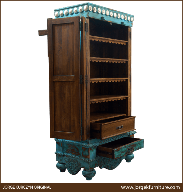 Las Cruces armoire with doors and drawers open showing full interior and exterior storage