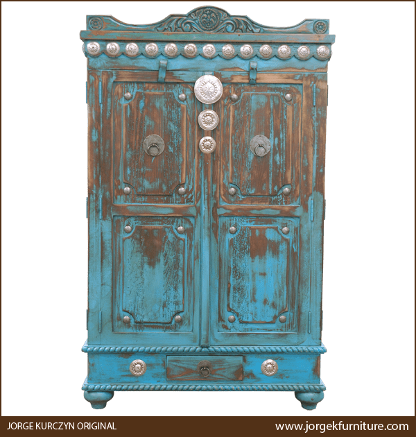 Front view of Las Cruces 2 armoire with arched crest and silver conchos