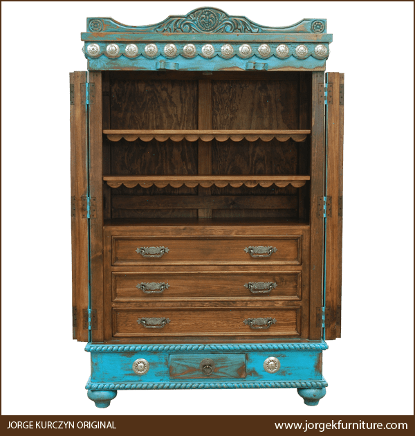 Las Cruces 2 armoire with doors open revealing three shelves and three internal drawers