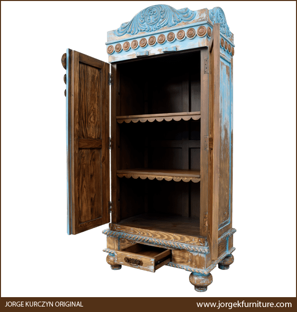 Las Cruces 4 armoire with doors open showing removable shelves and open exterior drawer