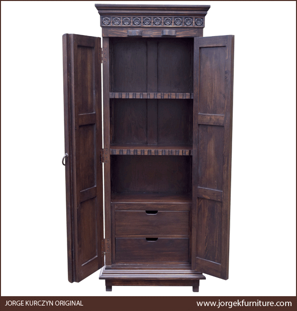 Santa Fe 2 armoire with doors open showing three cabinet-style shelves and two interior drawers