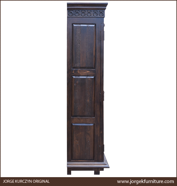Side view of Santa Fe 2 armoire showing three rectangular cut panels and square feet
