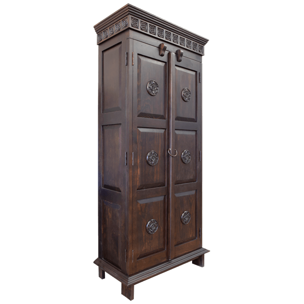 Three-quarter angle of Santa Fe 3 armoire highlighting carved details and elegant finish