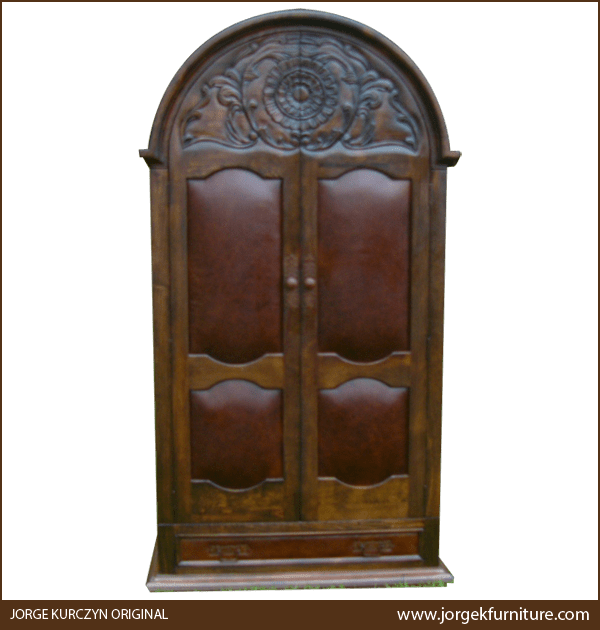 Front view of La Negra Elegante armoire with burgundy leather panels and carved floral crest