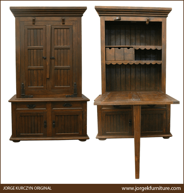 Dual front view of Chuck Wagon armoire showing closed configuration and open desk setup with storage compartments