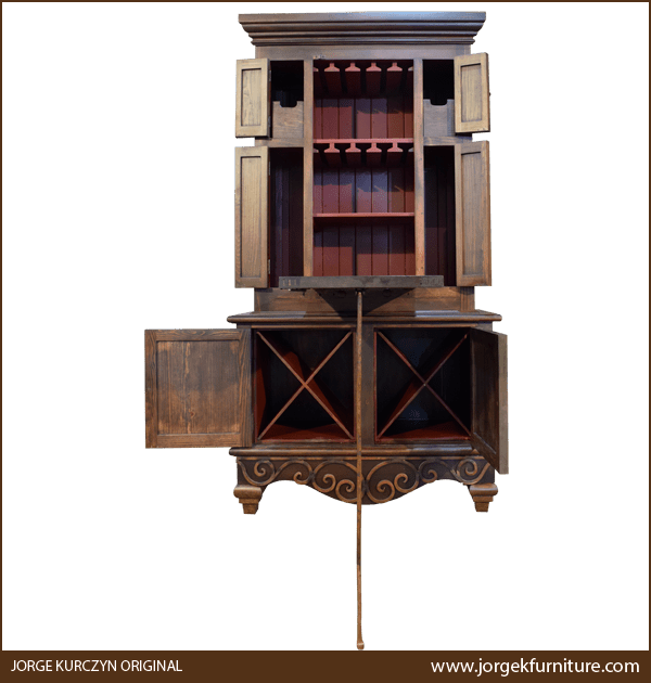 Front view of Chuck Wagon 3 armoire with fold-down panel open as serving bar and wine glass storage