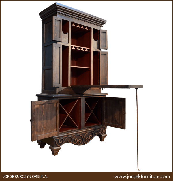Semi-side view of Chuck Wagon 3 armoire fully open showing wine bottle storage and serving area