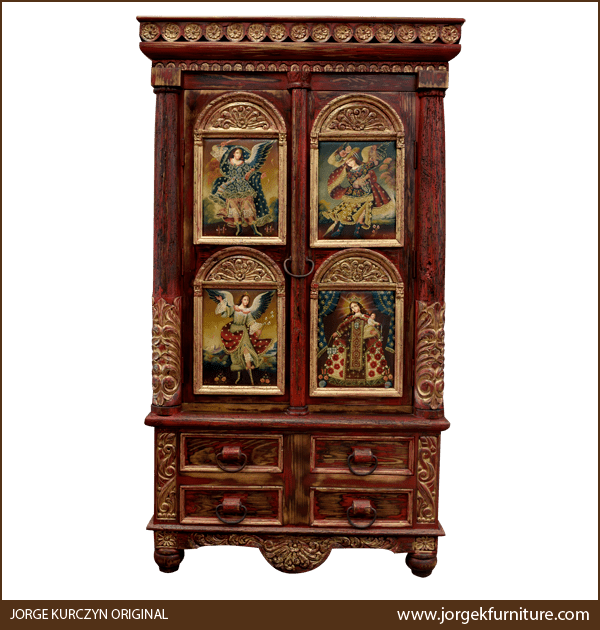 Front view of Zoila-Elisa armoire with gold floral carvings and Peruvian oil paintings