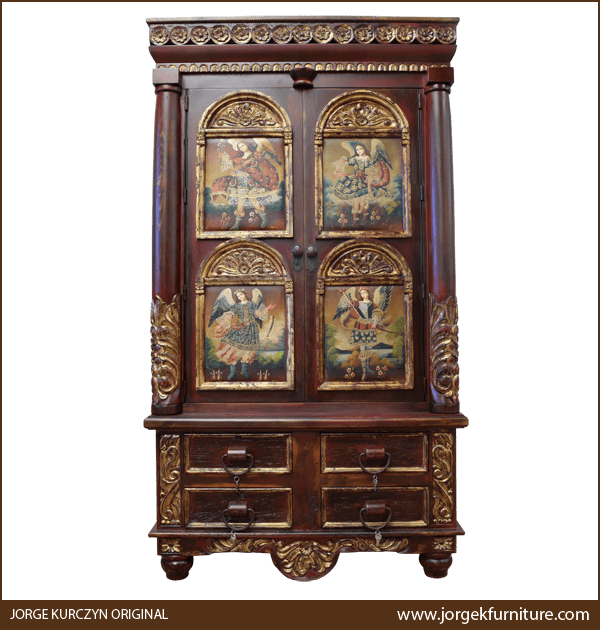 Front view of Zoila-Elisa 3 armoire with religious oil paintings and gold scroll carvings