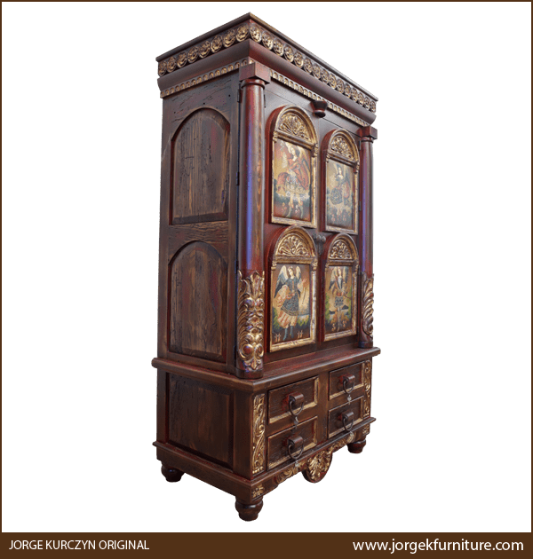 Three-quarter angle of Zoila-Elisa 3 armoire showing turned columns and distressed red finish