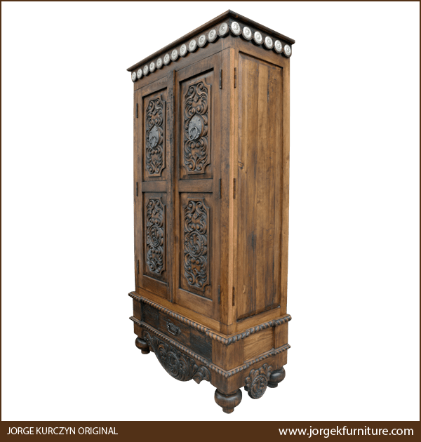 Three-quarter angle of CONSEQUENCES armoire showing curved apron and tapered feet