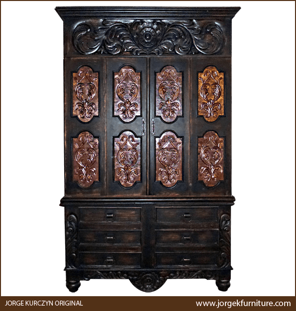 Front view of Ole flor armoire with hammered copper panels, floral carvings and six drawers