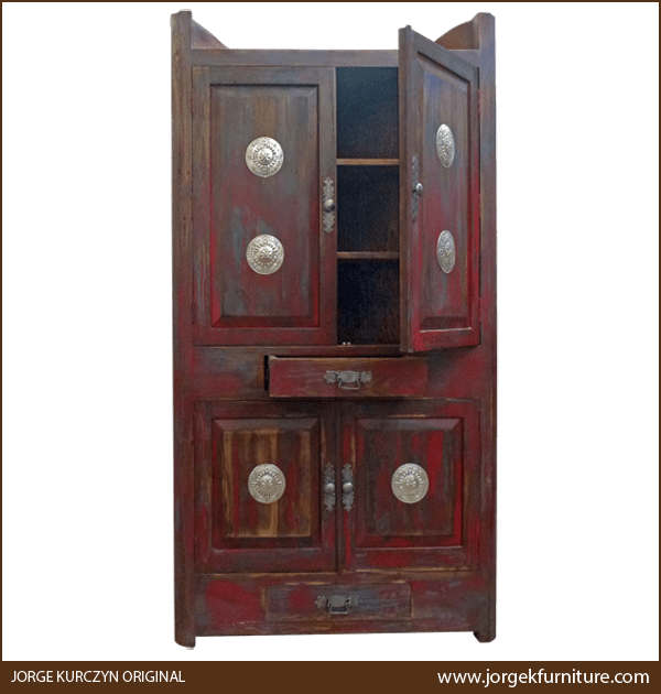 Rufo Corner armoire with doors partially open showing three storage compartments