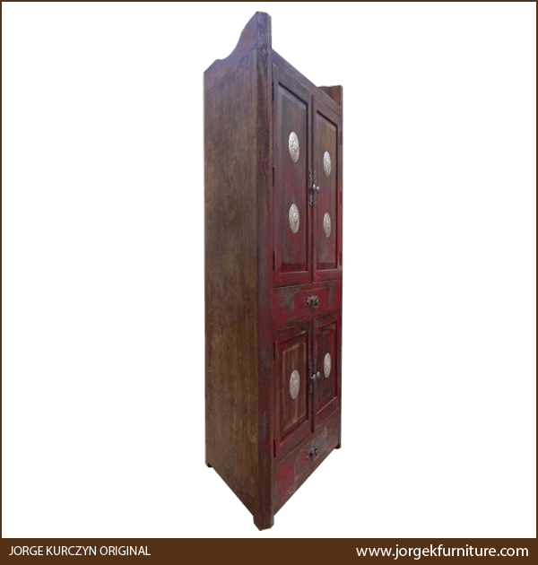 Three-quarter angle of Rufo Corner armoire showing triangular back and extended side upright