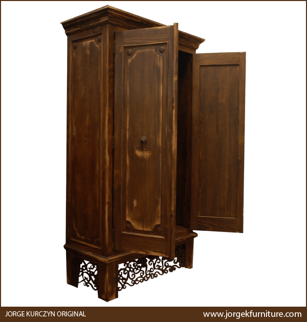 Castillo armoire with doors open showing exterior panel details and iron handles