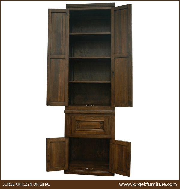 Rustico armoire with upper and lower doors open showing four top compartments and one bottom space