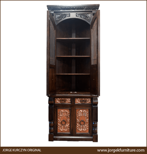 Spanish colonial armoire with upper doors open showing four interior compartments