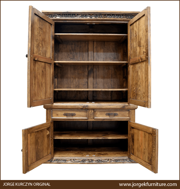 Spanish Colonial Armoire with doors open showing four upper and two lower storage compartments