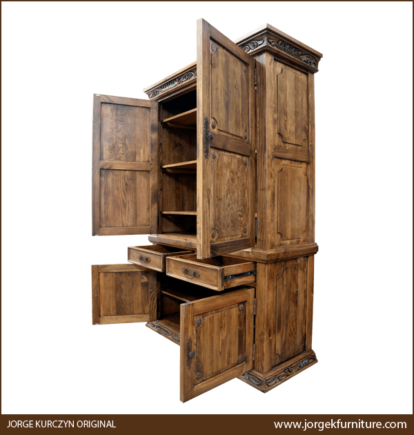Spanish Colonial Armoire with doors and drawers open showing interior layout and iron accents