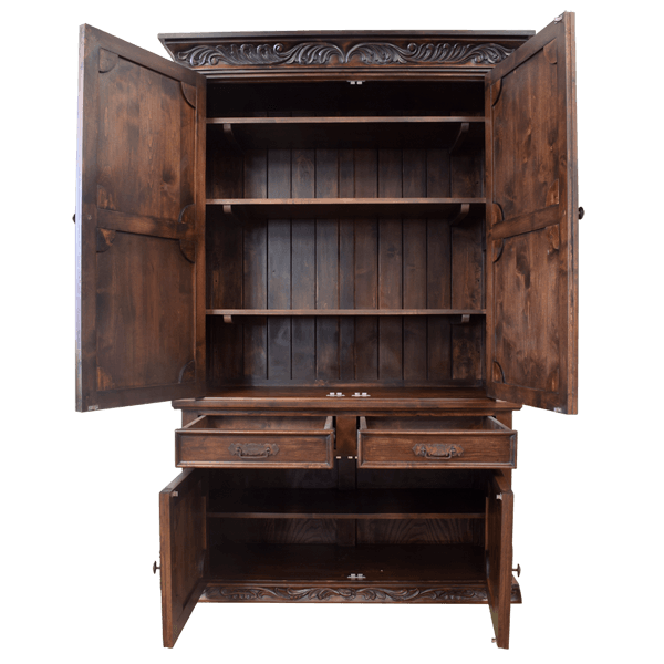 Artisan armoire with doors open showing four upper and two lower storage compartments