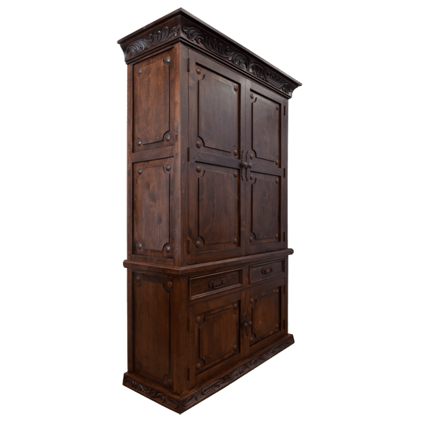 Three-quarter angle of artisan armoire showing carved details and dual-section structure