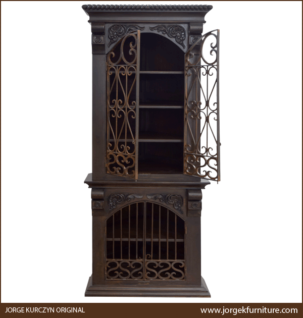 Spanish Colonial Armoire with upper doors open showing iron bar design and six storage compartments
