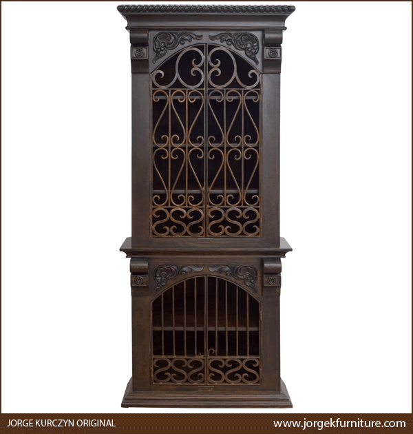 Front view of Spanish Colonial Armoire with dark finish and hand-forged iron scrollwork