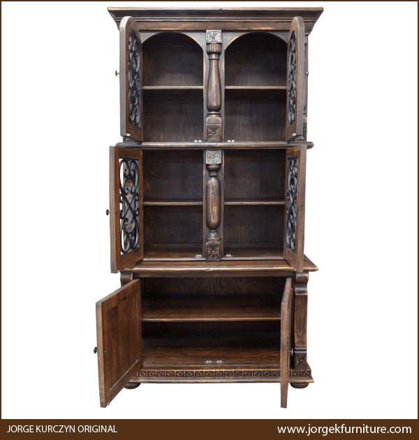 Spanish Colonial Armoire with doors open showing eight upper cabinet compartments and two lower storage spaces