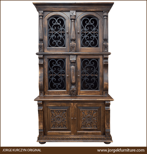 Front view of Spanish Colonial Armoire with scroll ironwork and floral carvings