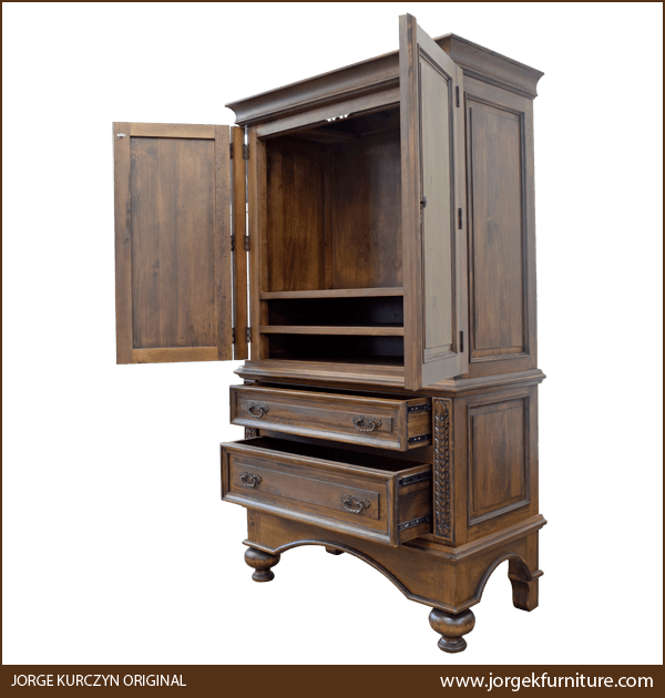Entertainment armoire with open doors and drawers showing upper TV space and lower compartments for accessories