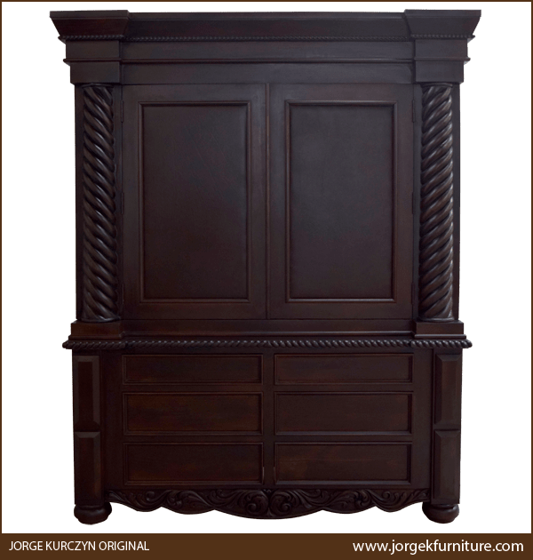 Front view of handcrafted solid wood armoire with spiral columns and twist rope molding