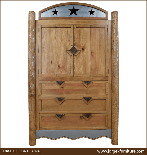 Front view of wooden wardrobe with aluminum panel and decorative stars