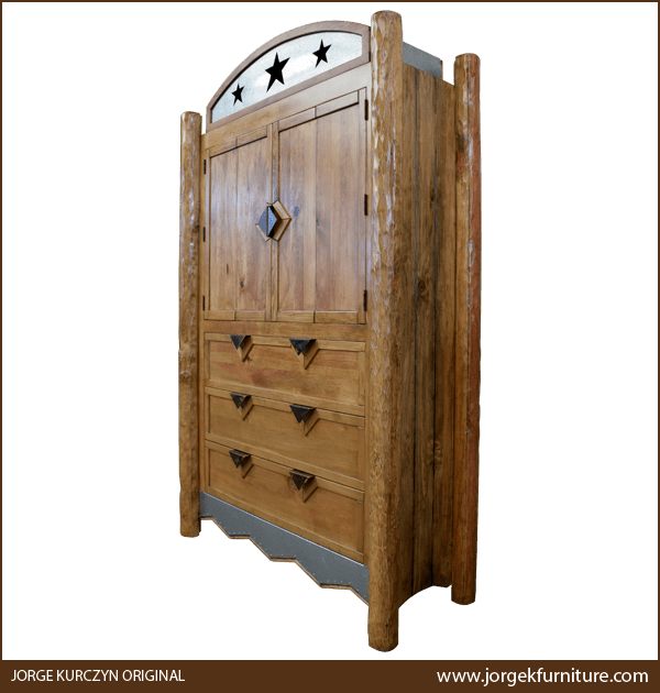Three-quarter angle of wooden wardrobe showing aluminum base and refined corner posts