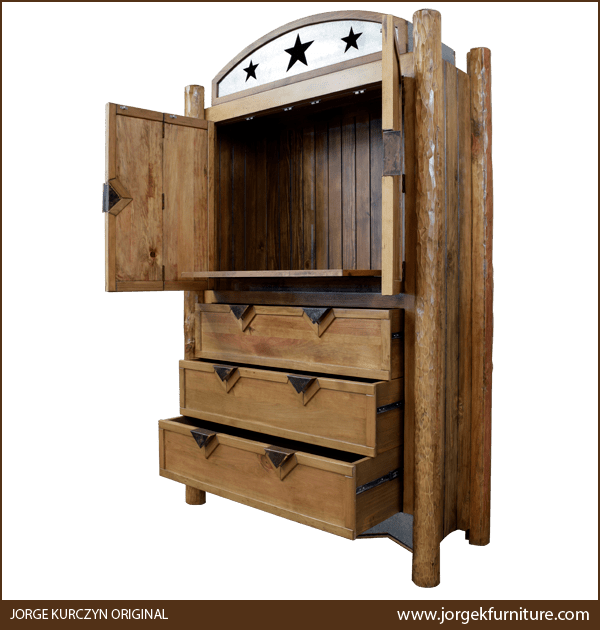 Wooden wardrobe with doors and drawers open showing large storage compartment and organized layout