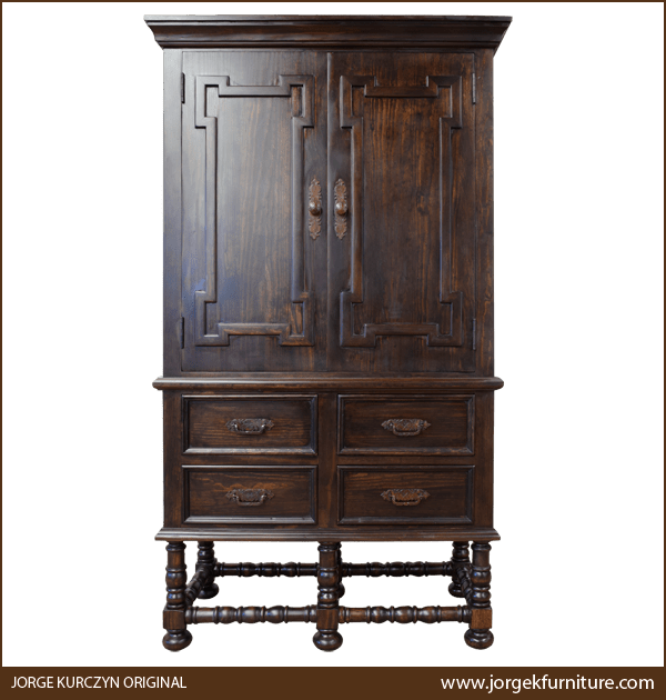 Front view of Timberwood armoire with Spanish geometric door panels and carved legs