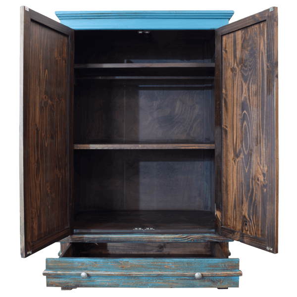 Turquoise armoire with doors and bottom drawer open, revealing three shelves and metal-handled drawer