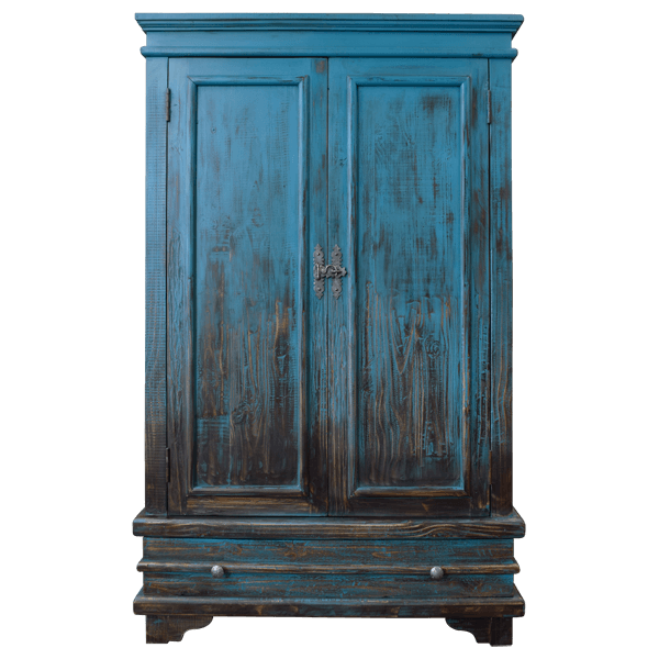 Front view of turquoise distressed wooden armoire with metal handles and panel doors