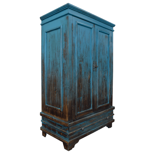 Semi-frontal angle of turquoise distressed armoire showing panel doors and vintage texture