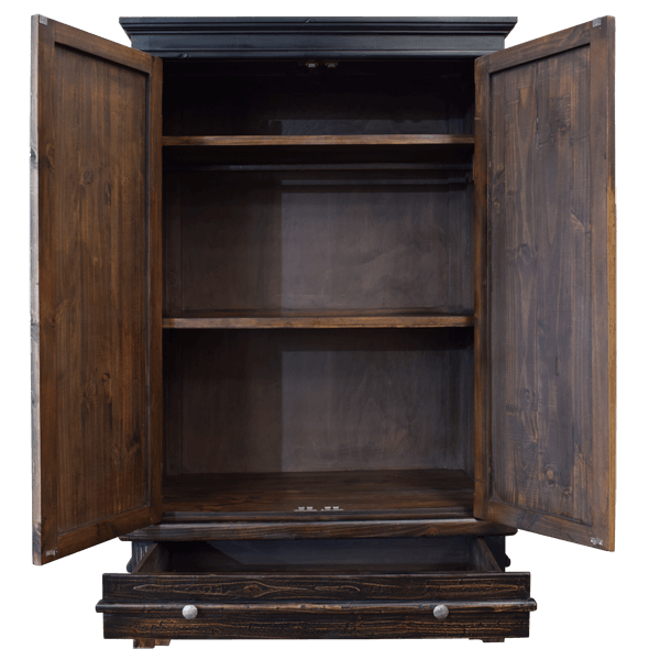 Dark brown armoire with doors and drawer open, showing three shelves and silver iron handles