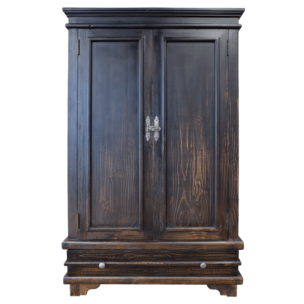Front view of dark brown distressed wooden armoire with hand-forged silver metal handles