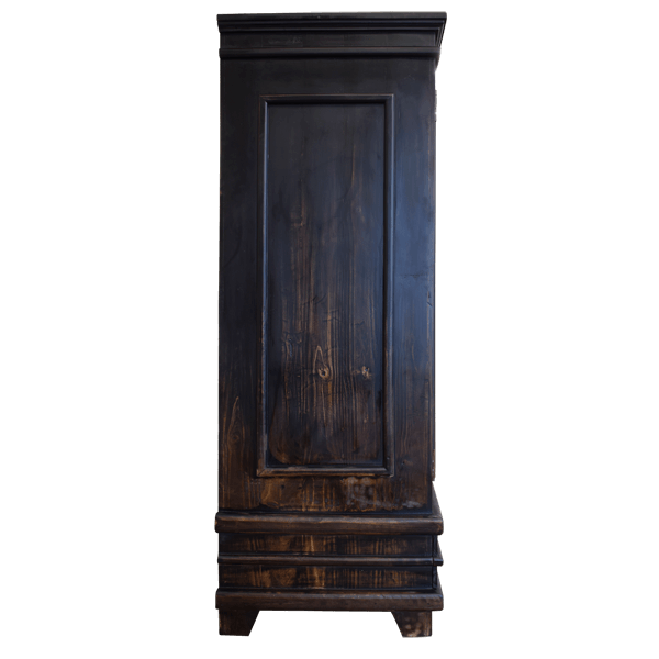 Side profile of dark brown distressed armoire showing depth and vintage wood grain