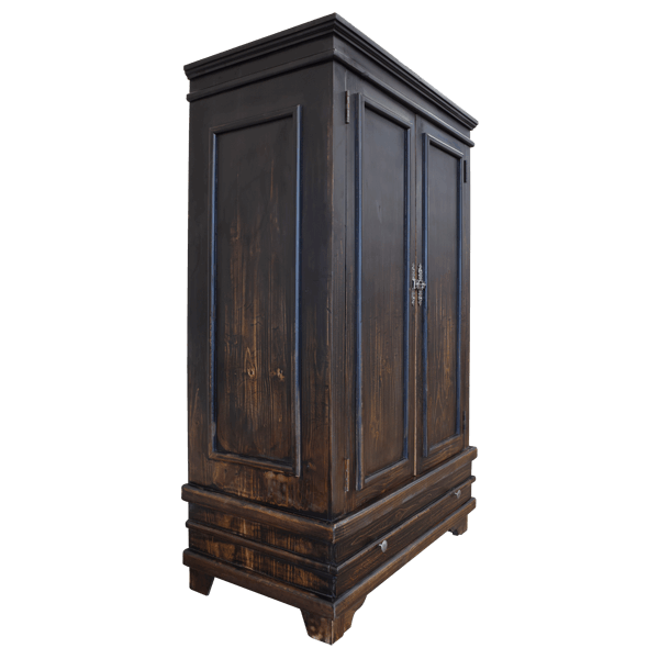 Semi-frontal angle of dark brown distressed armoire showing panel doors and textured wood finish