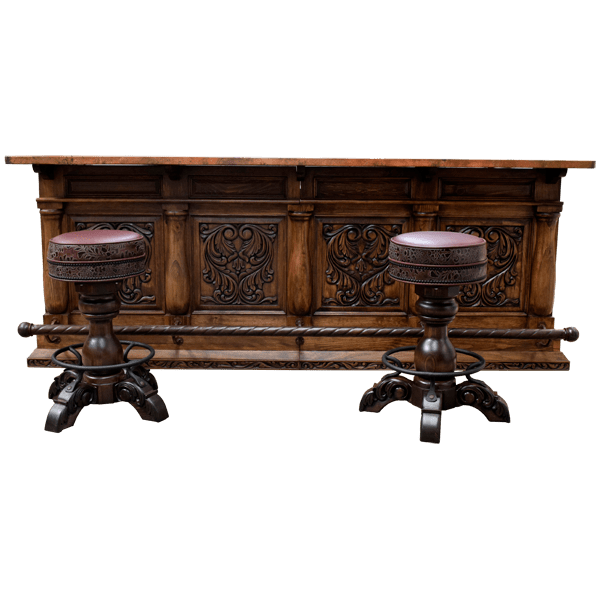 Handcrafted bar with two matching barstools and hammered copper top